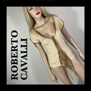 Roberto Cavalli Cream Short Sleeve Ribbed Top with Fringe